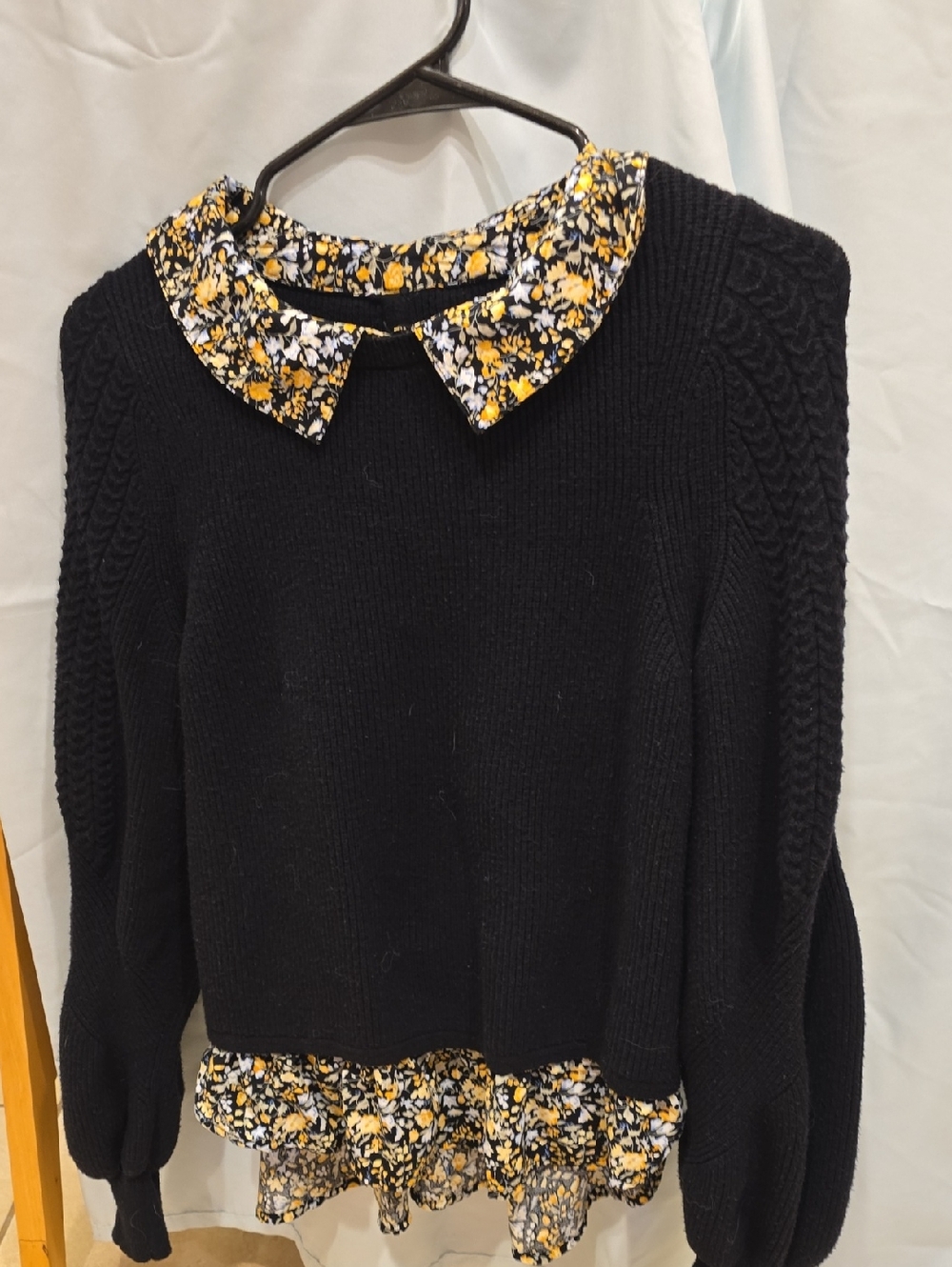 Maeve By Anthropologie Black Sweater with Yellow & White Floral Collar and Hem